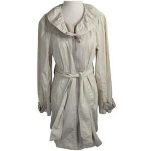 Kristin Davis Womens Beige Trench Coat Ruffled Collar Belt SZ M Coquette Dainty
